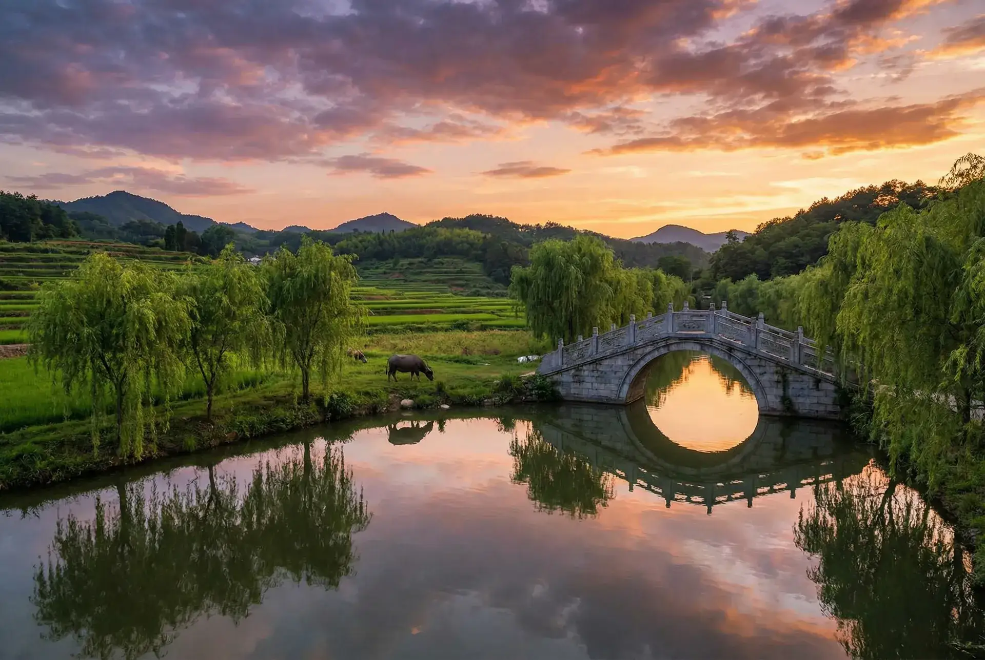 夕阳下的石拱桥与垂柳，水牛在河边吃草 - 啦啦啦视频在线资源 乡村美景